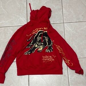 Ed Hardy Red Hooded Sweatshirt with Black Logo Patch M